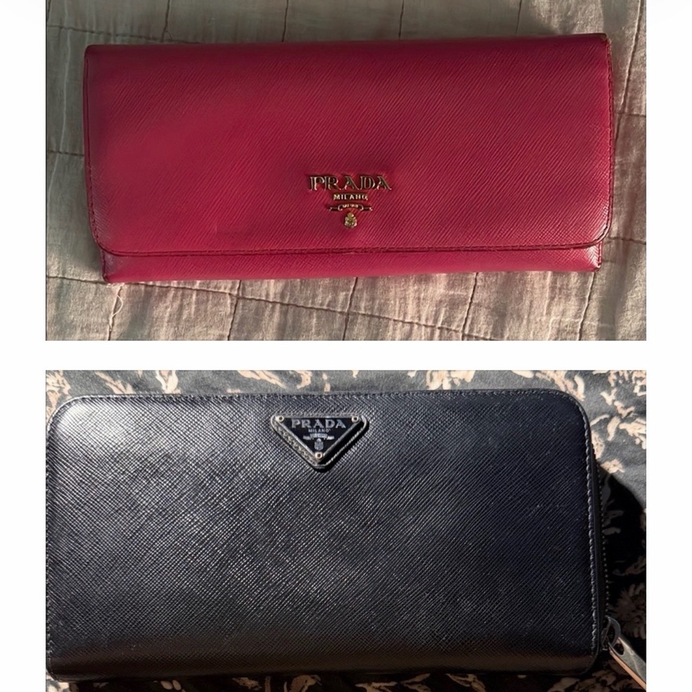 Prada Women's Vibrant Pink and Classic Black Leather Wallet Duo